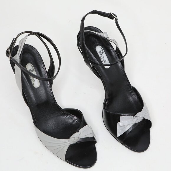 Vintage Cristin Leather Black Grey Two-Tone Ankle Strap Peep-Toe Sandals Pumps - Picture 11 of 14